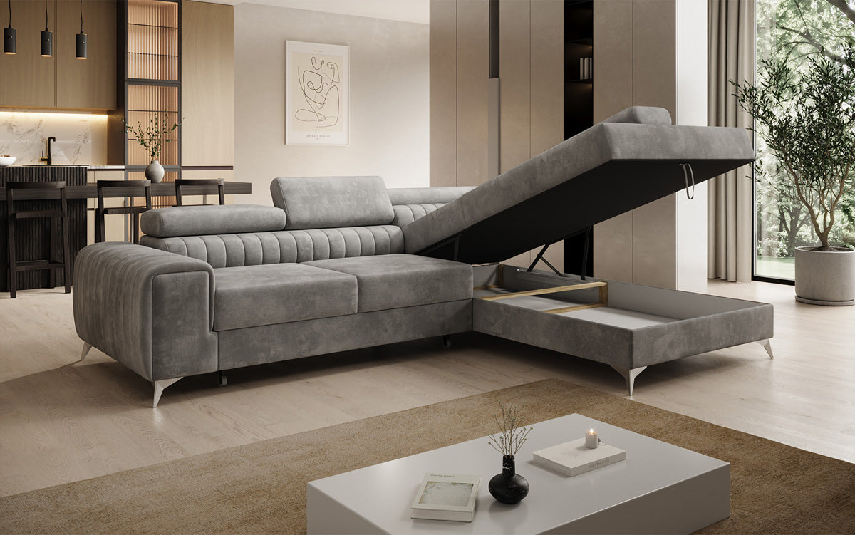 Designer Ecksofa Aurea mit Schlaf- und Klappfunktion in Samt