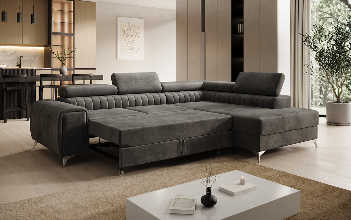 Designer Ecksofa Aurea mit Schlaf- und Klappfunktion in Samt
