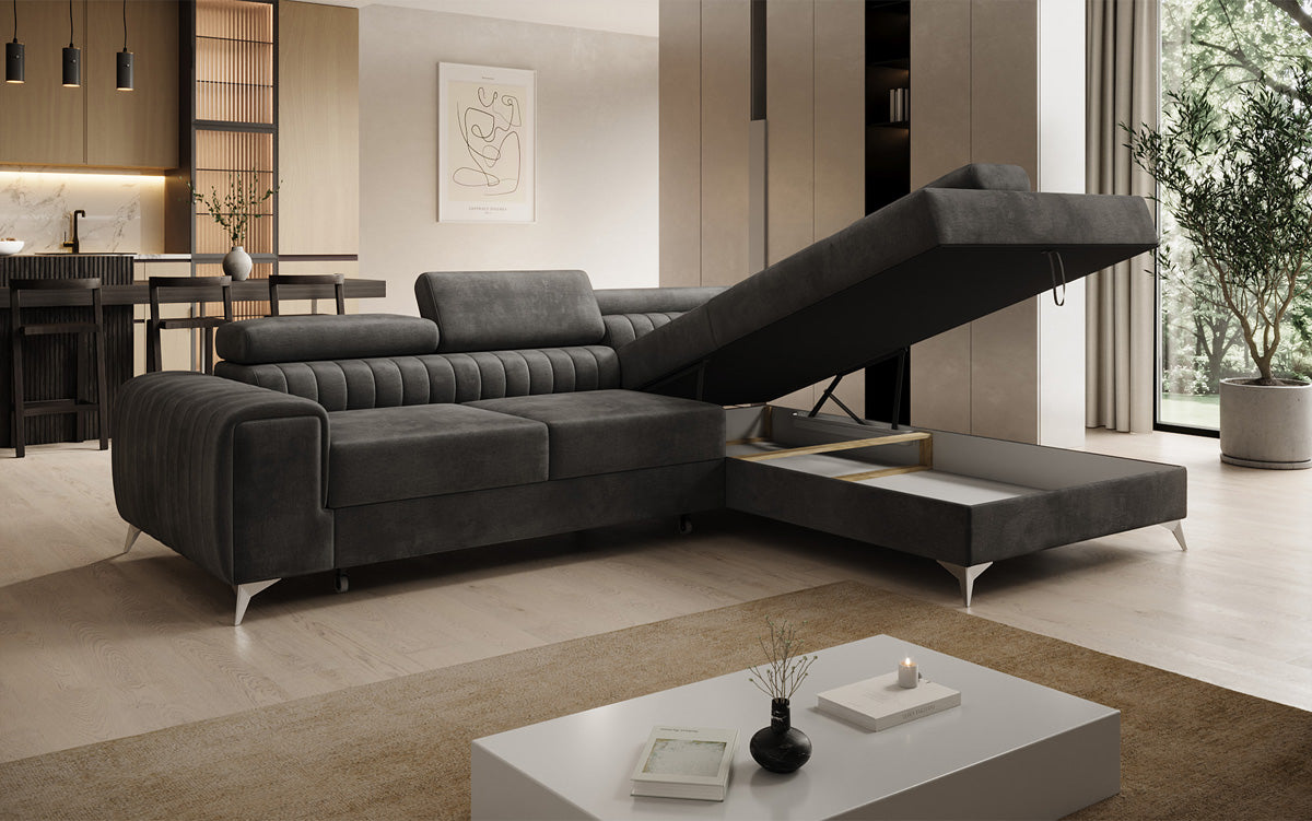 Designer Ecksofa Aurea mit Schlaf- und Klappfunktion in Samt