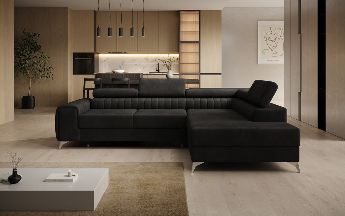Designer Ecksofa Aurea mit Schlaf- und Klappfunktion in Samt