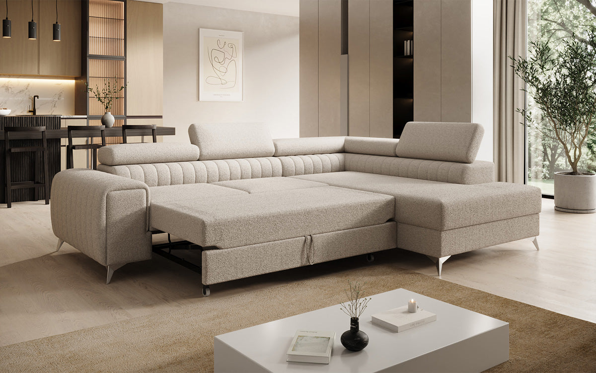 Designer Ecksofa Aurea mit Schlaf- und Klappfunktion in Bouclé
