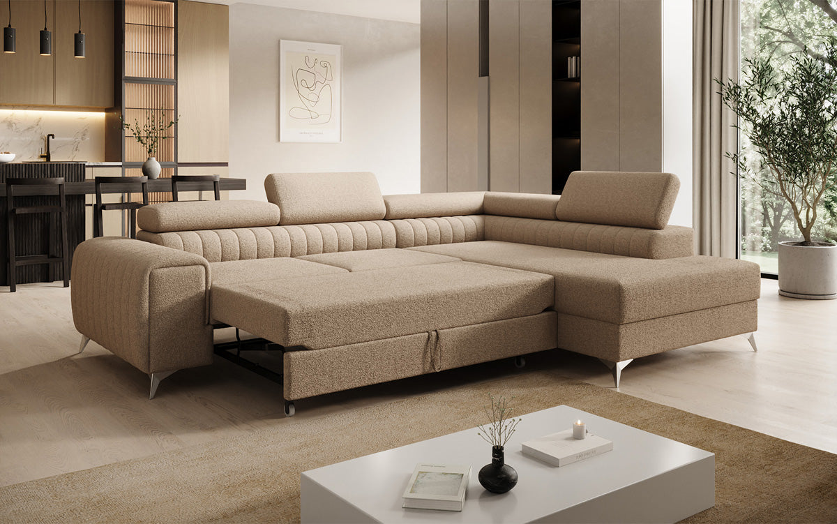 Designer Ecksofa Aurea mit Schlaf- und Klappfunktion in Bouclé