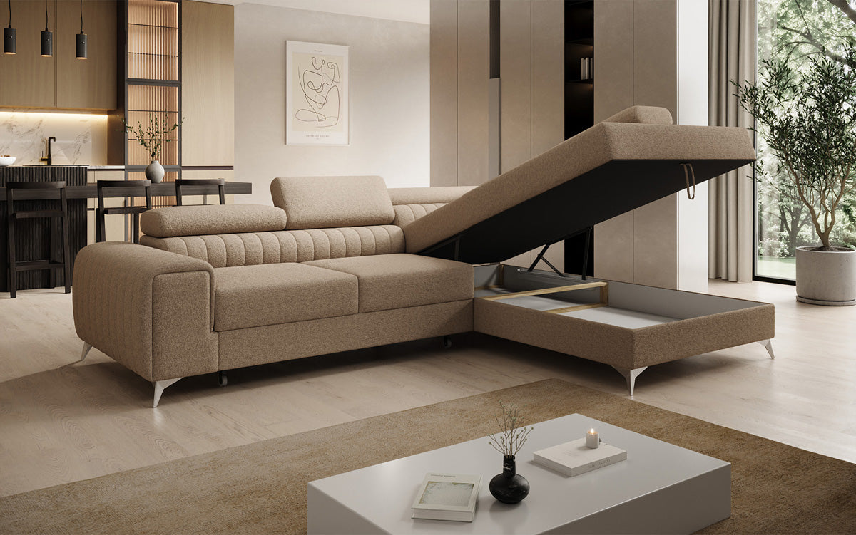 Designer Ecksofa Aurea mit Schlaf- und Klappfunktion in Bouclé