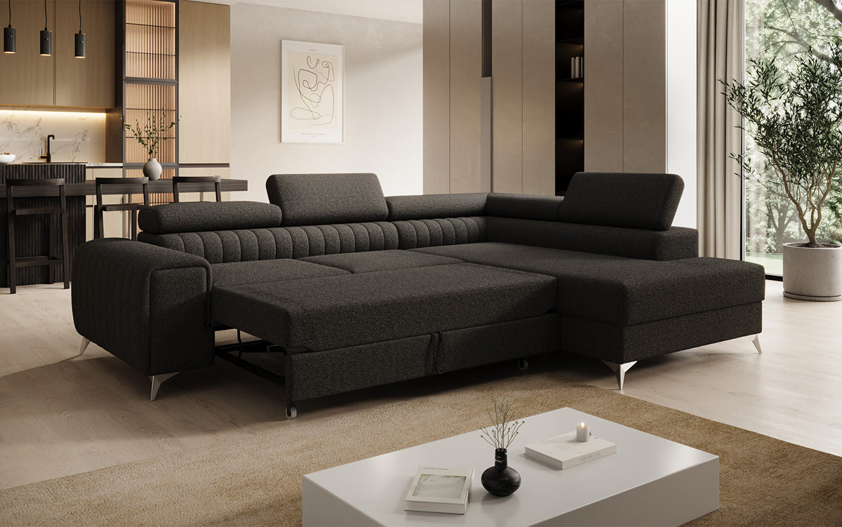 Designer Ecksofa Aurea mit Schlaf- und Klappfunktion in Bouclé