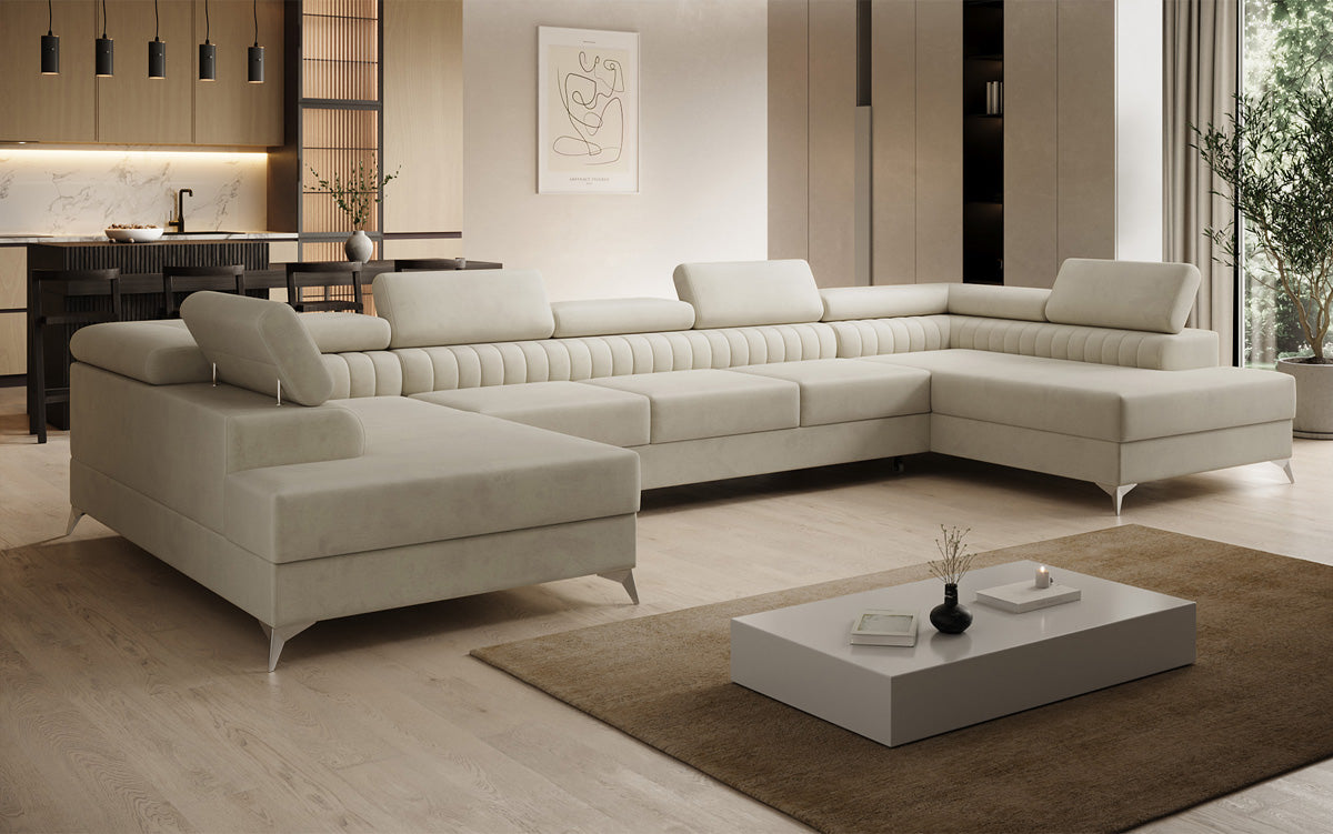 Designer Sofa Aurea U XXL mit Schlaf- und Klappfunktion in Samt