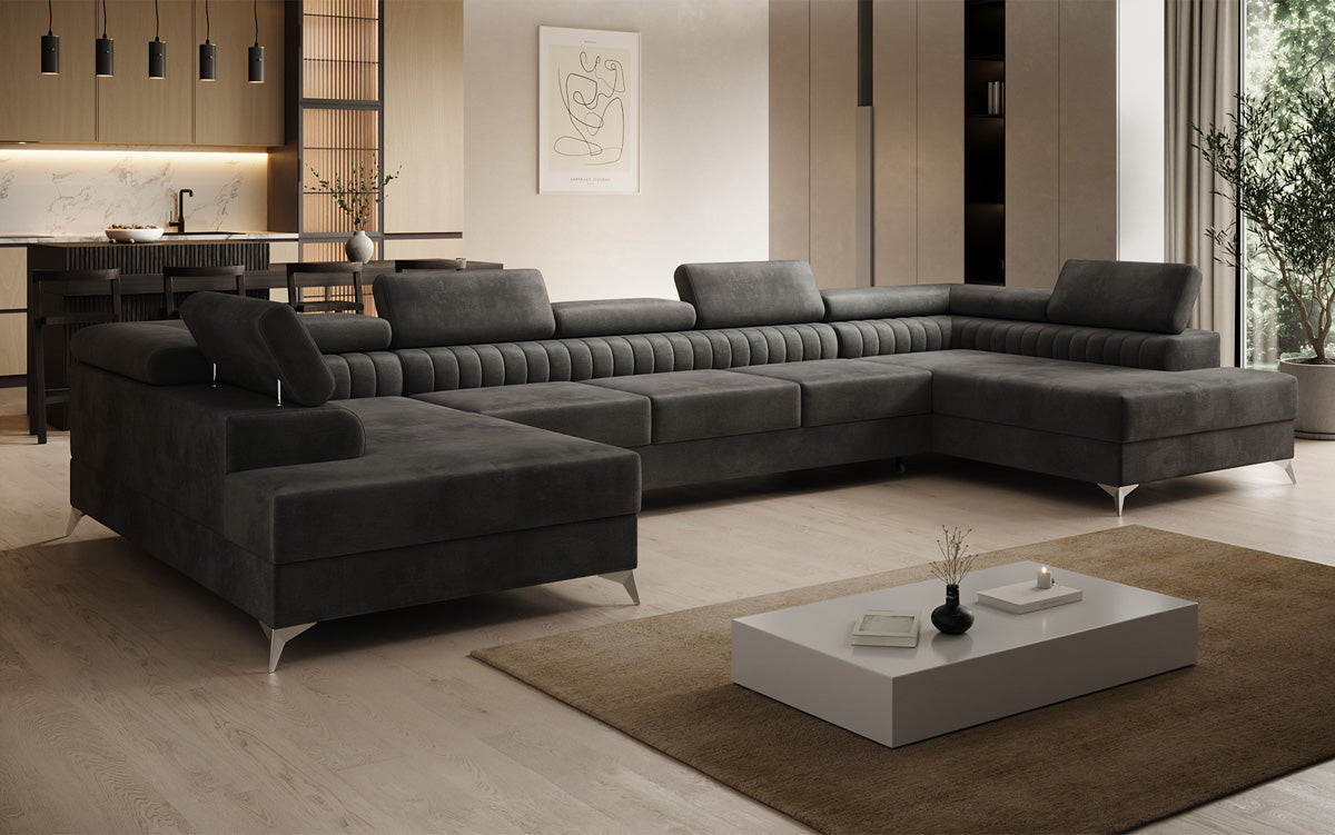 Designer Sofa Aurea U XXL mit Schlaf- und Klappfunktion in Samt