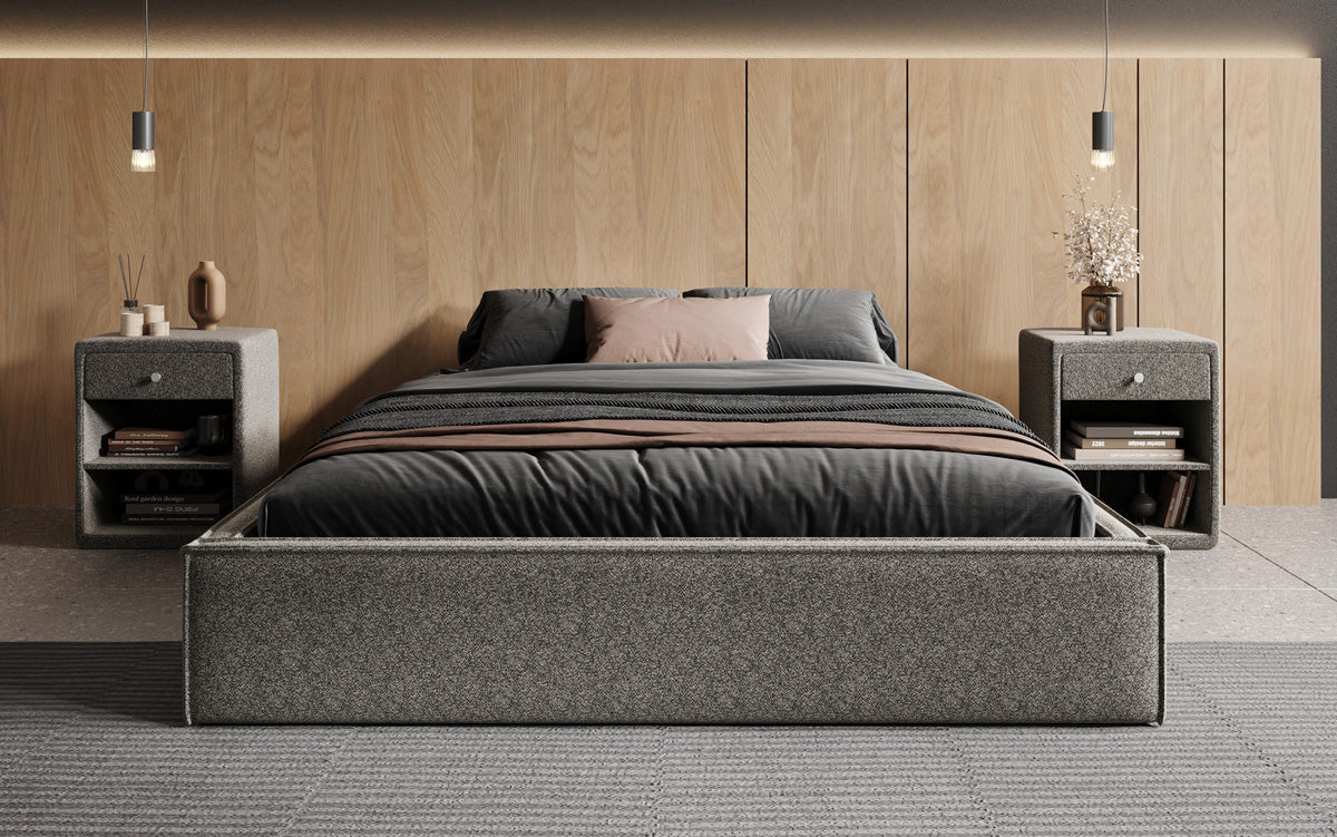 Designer Polsterbett Base mit Stauraum ohne Headboard in Strukturstoff