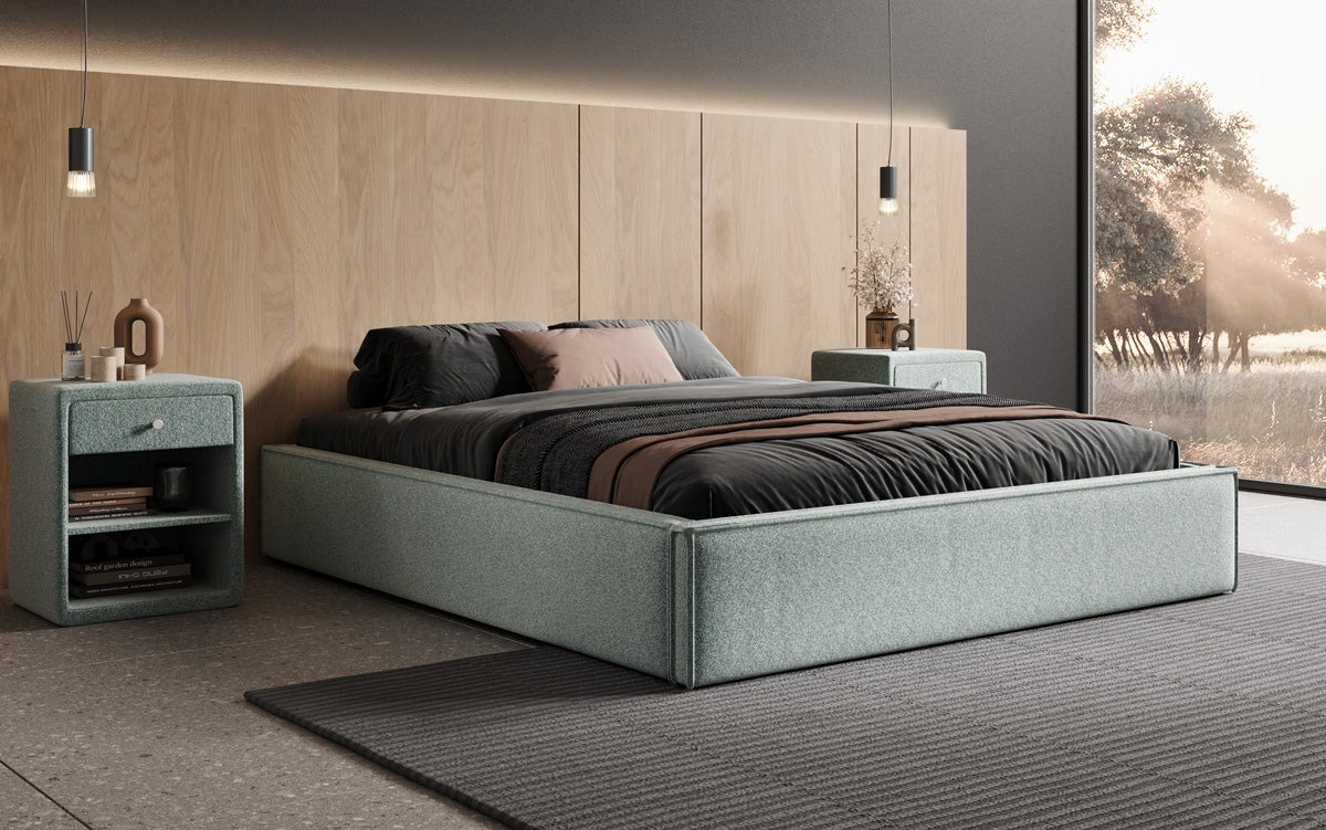 Designer Polsterbett Base mit Stauraum ohne Headboard in Strukturstoff