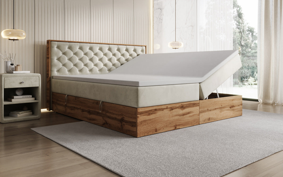 Boxspringbett Timber Chester mit Stauraum in Samt