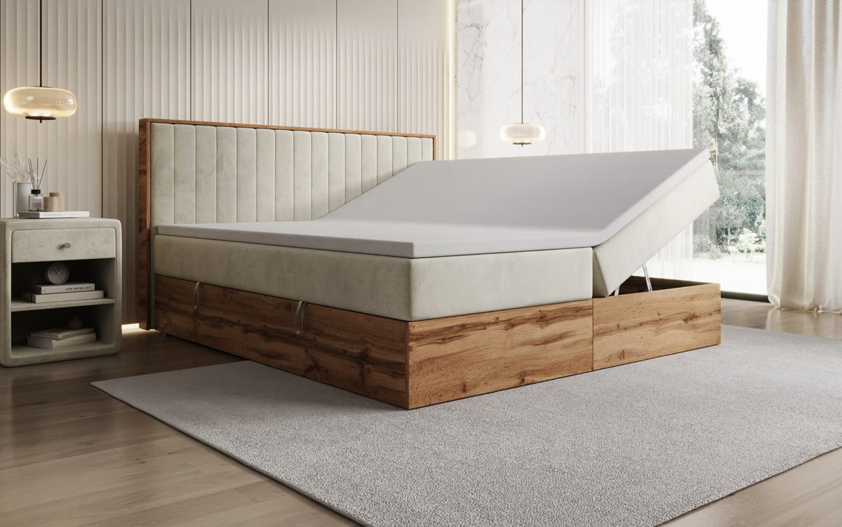 Boxspringbett Timber Line mit Stauraum in Samt