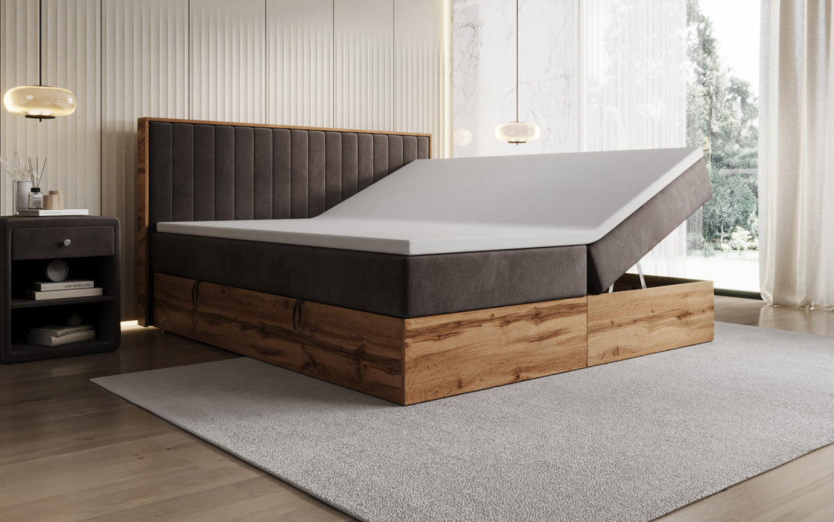 Boxspringbett Timber Line mit Stauraum in Samt