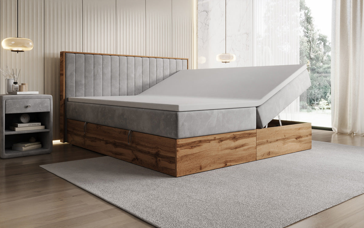 Boxspringbett Timber Line mit Stauraum in Samt