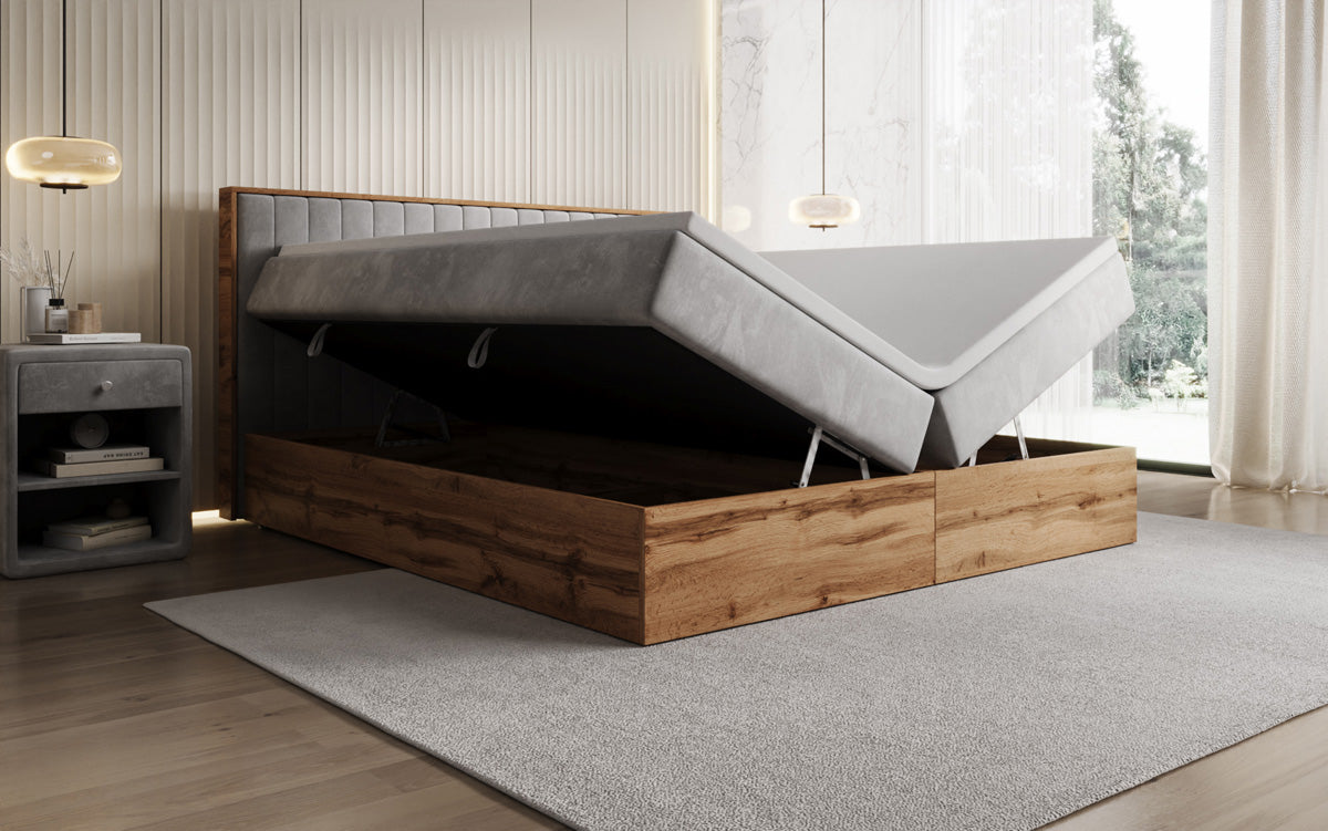 Boxspringbett Timber Line mit Stauraum in Samt