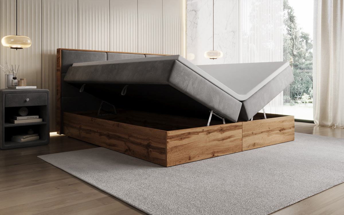 Boxspringbett Timber Panel mit Stauraum in Samt
