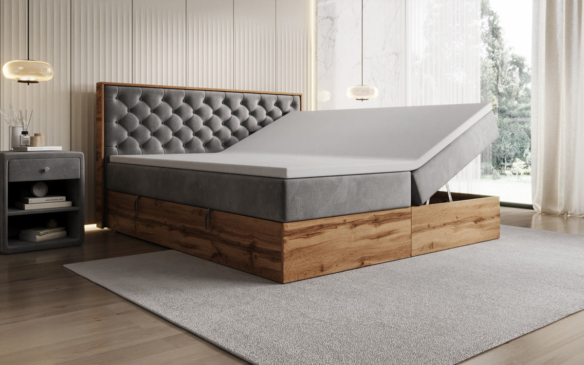 Boxspringbett Timber Chester mit Stauraum in Samt