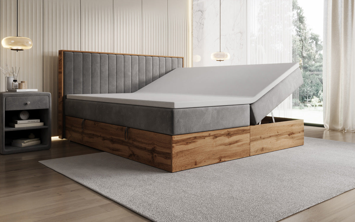 Boxspringbett Timber Line mit Stauraum in Samt