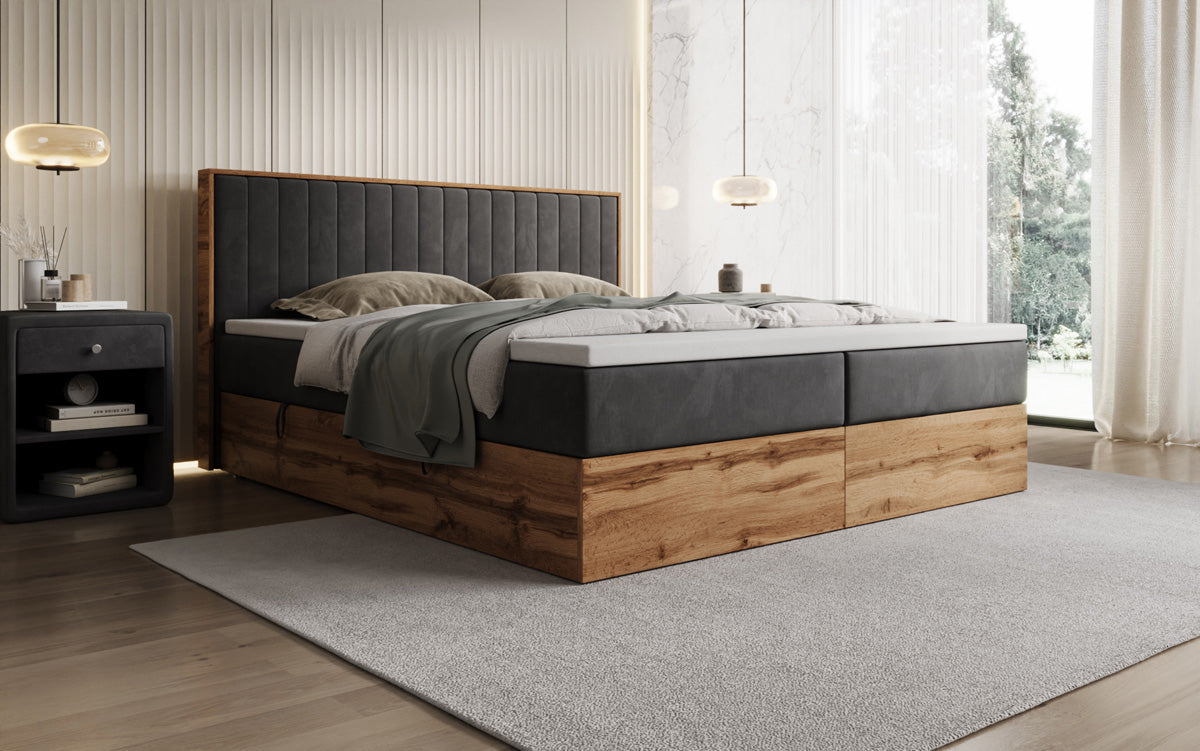 Boxspringbett Timber Line mit Stauraum in Samt