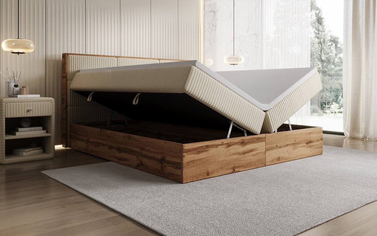 Boxspringbett Timber Panel in Cord mit Stauraum