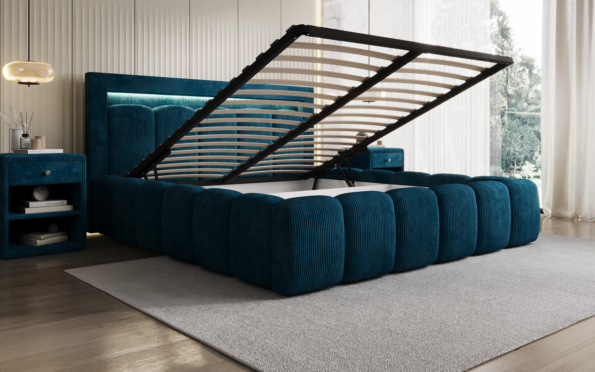 Designer Polsterbett Lume in Cord mit Stauraum und RGB Beleuchtung