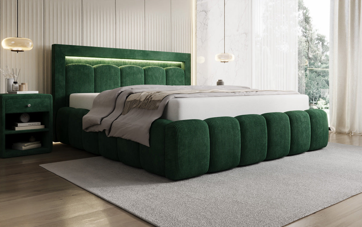 Designer Polsterbett Lume in Cord mit Stauraum und RGB Beleuchtung