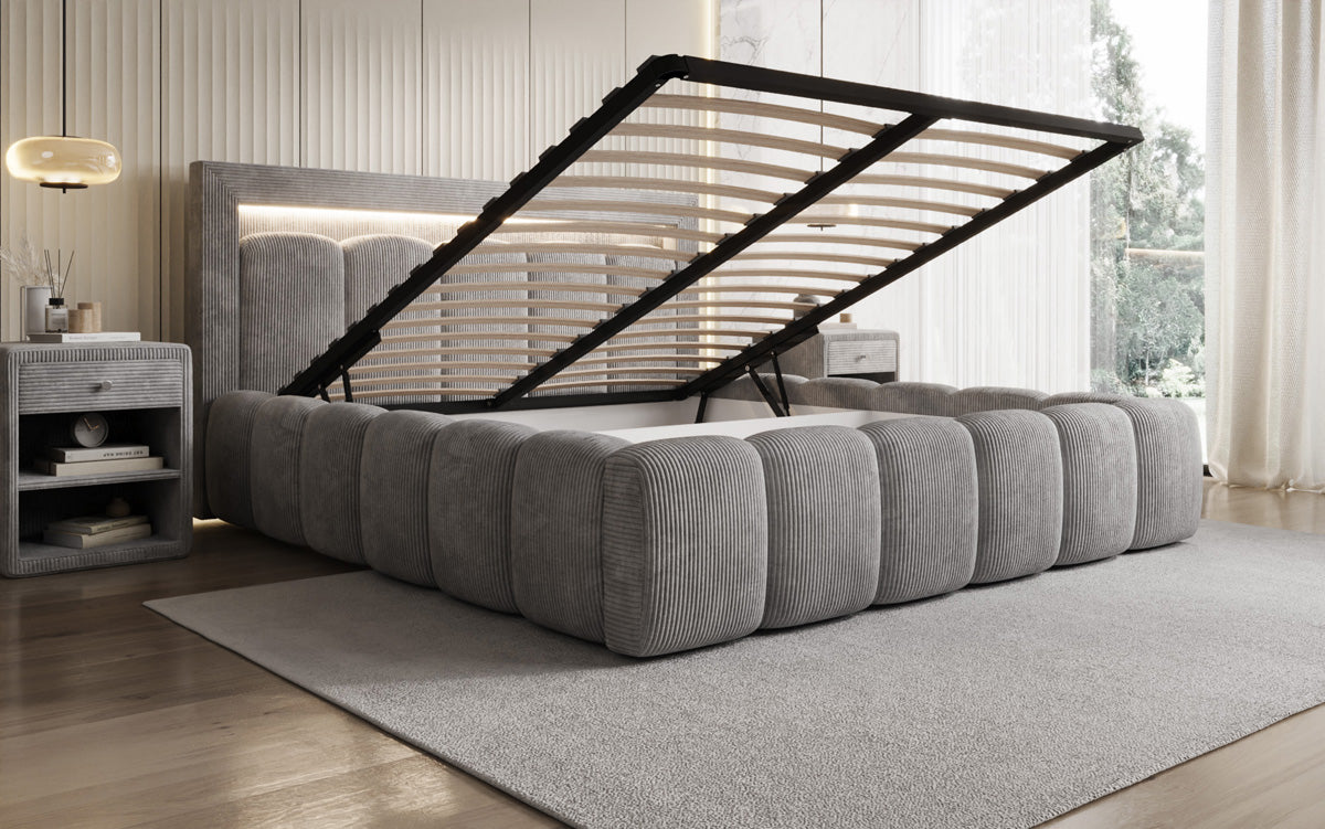 Designer Polsterbett Lume in Cord mit Stauraum und RGB Beleuchtung