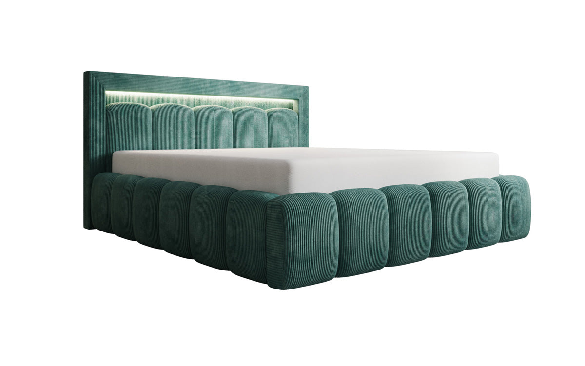 Designer Polsterbett Lume in Cord mit Stauraum und RGB Beleuchtung