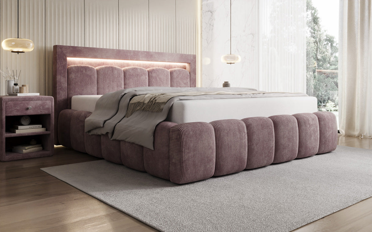 Designer Polsterbett Lume in Cord mit Stauraum und RGB Beleuchtung