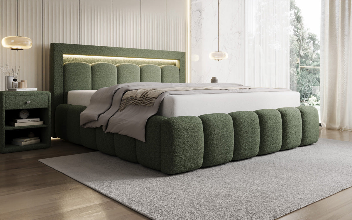 Designer Polsterbett Lume in Teddy Bouclé mit Stauraum und RGB Beleuchtung
