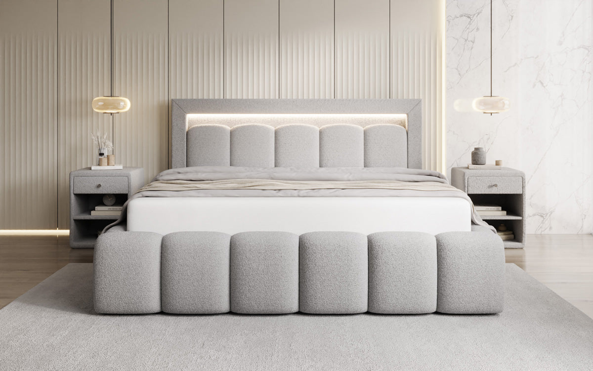 Designer Polsterbett Lume in Teddy Bouclé mit Stauraum und RGB Beleuchtung