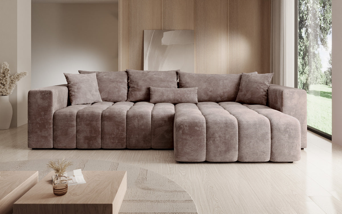 Designer Ecksofa Momo mit Schlaf- und Klappfunktion in Cord