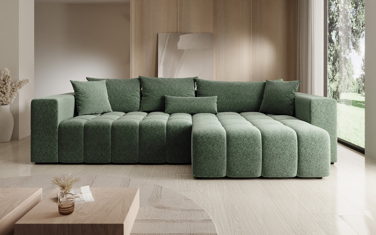 Designer Ecksofa Momo mit Schlaf- und Klappfunktion in Strukturstoff