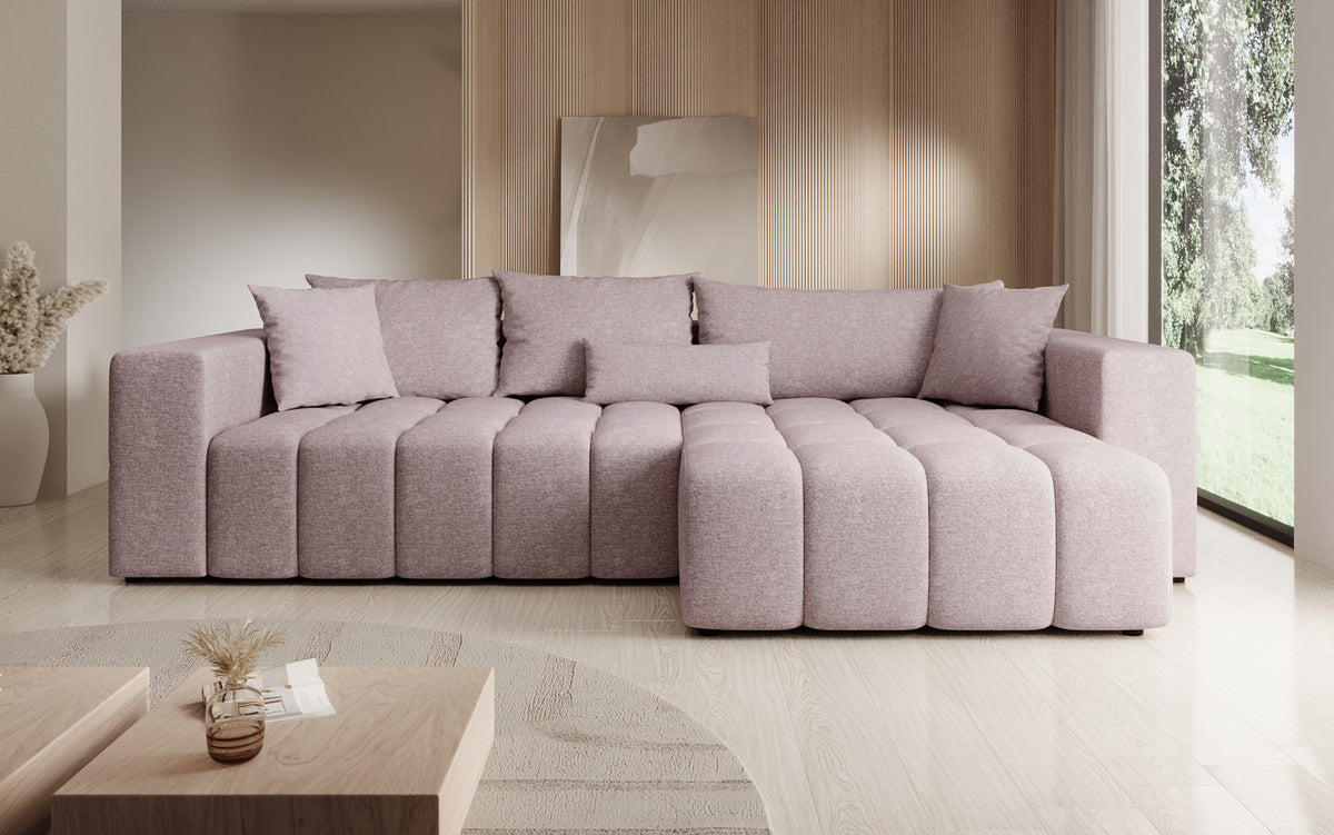 Designer Ecksofa Momo mit Schlaf- und Klappfunktion in Strukturstoff