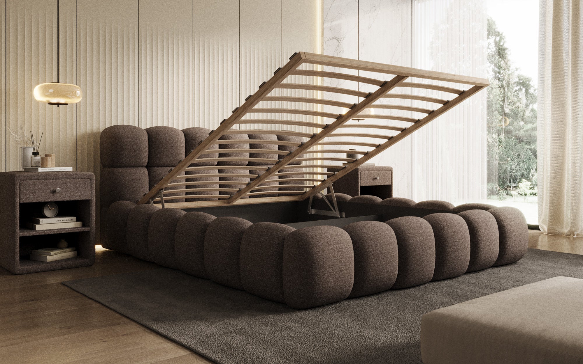 Designer Polsterbett Boston Bouclé mit Stauraum