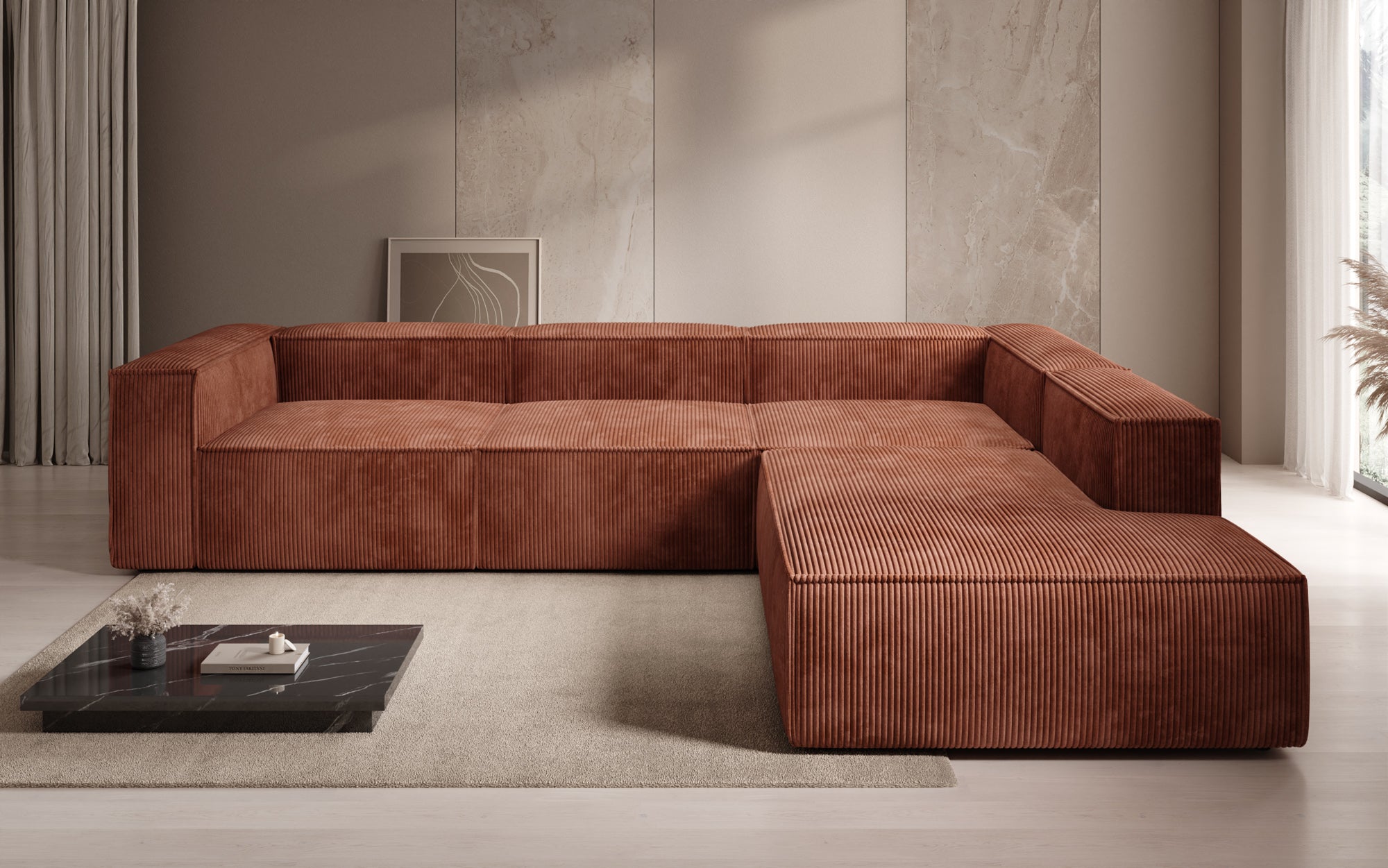 Designer Sofa Lesley L mit langer Ottomane in Cord