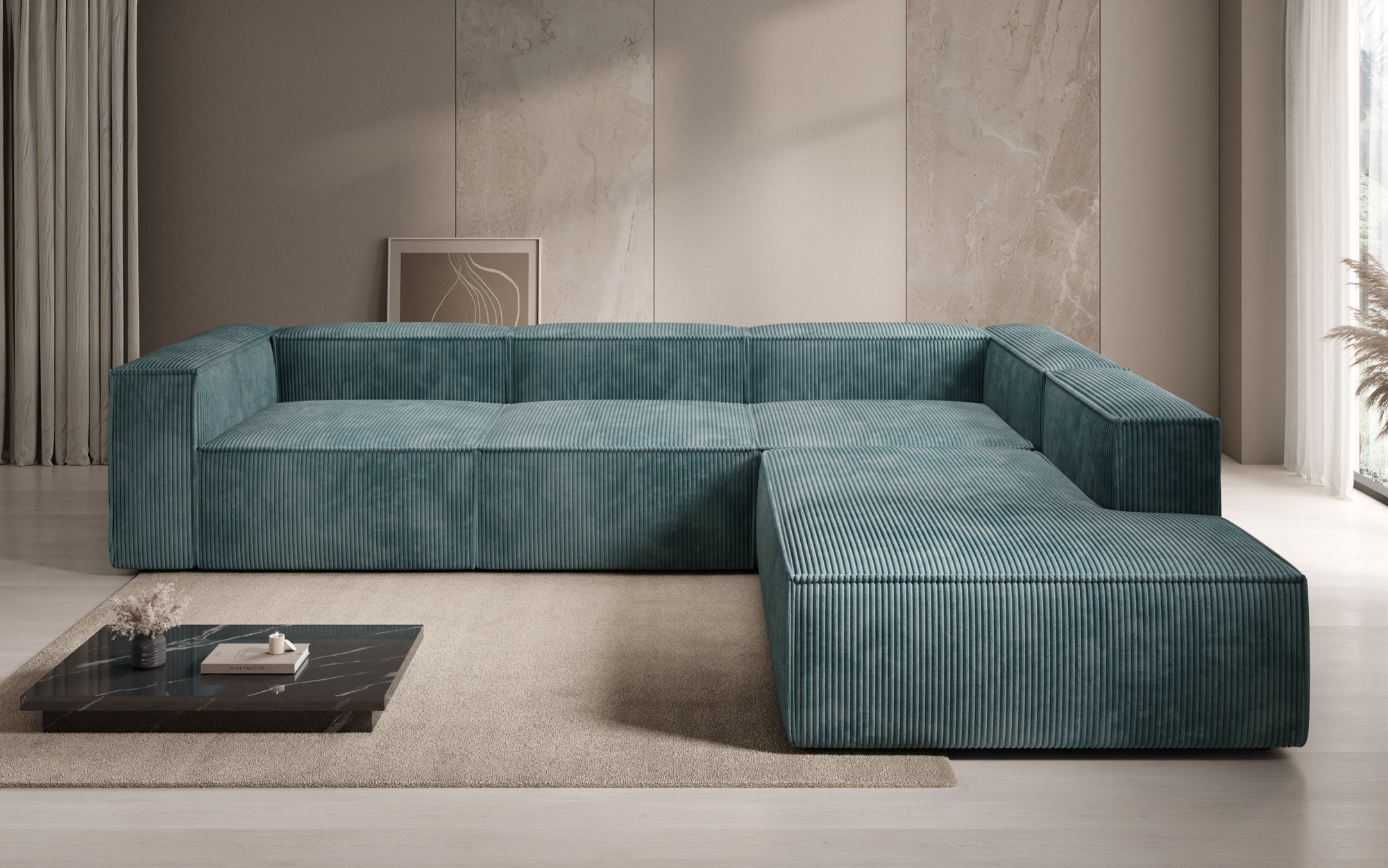 Designer Sofa Lesley L mit langer Ottomane in Cord