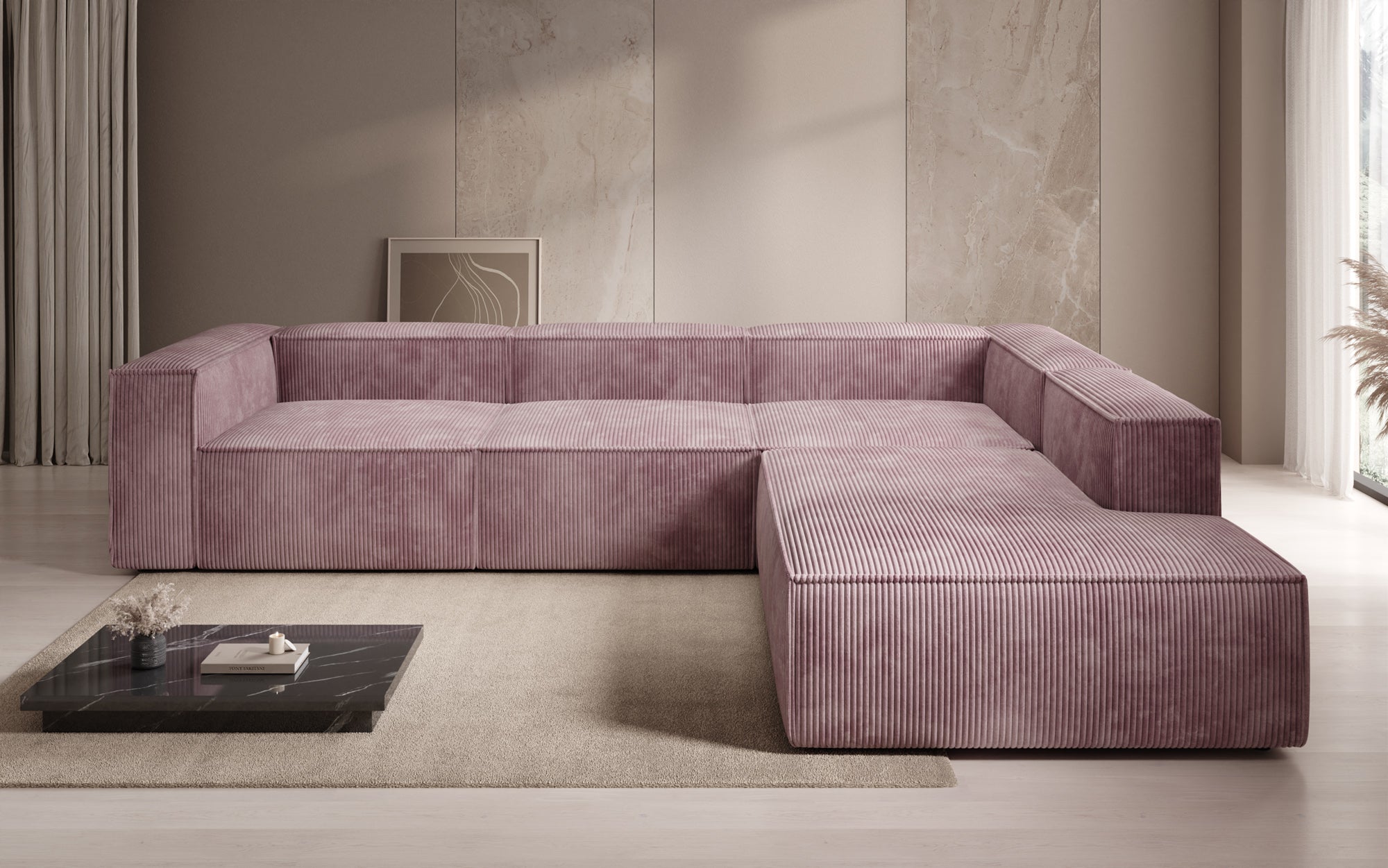Designer Sofa Lesley L mit langer Ottomane in Cord
