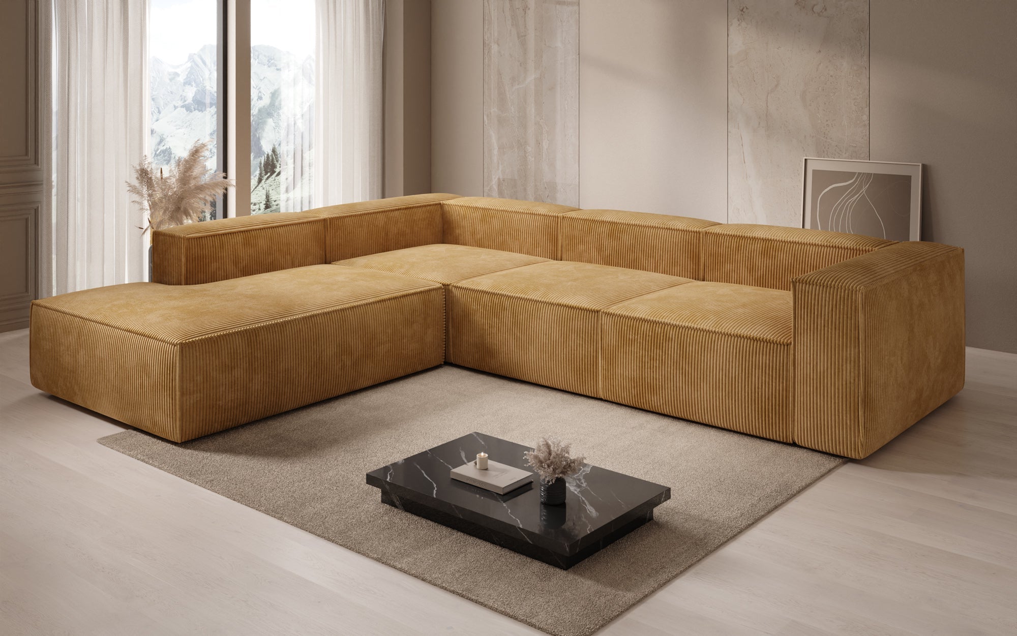 Designer Sofa Lesley L mit langer Ottomane in Cord