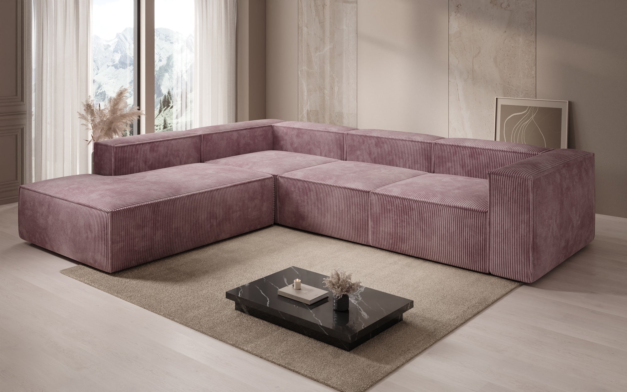 Designer Sofa Lesley L mit langer Ottomane in Cord
