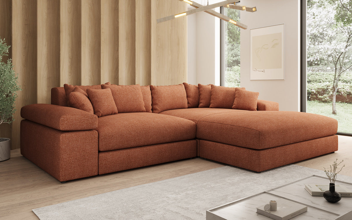 Designer Ecksofa Bernardo mit breiter Ottomane in Strukturstoff