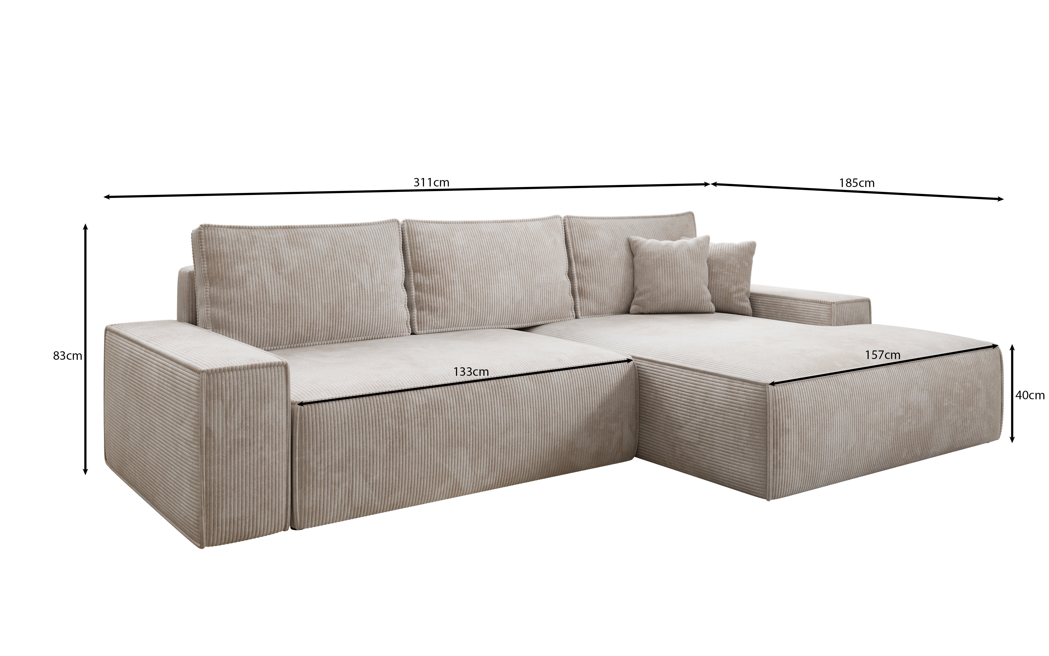 Designer Sofa Verona mit breiter Ottomane mit Schlaf- und Klappfunktion in Cord