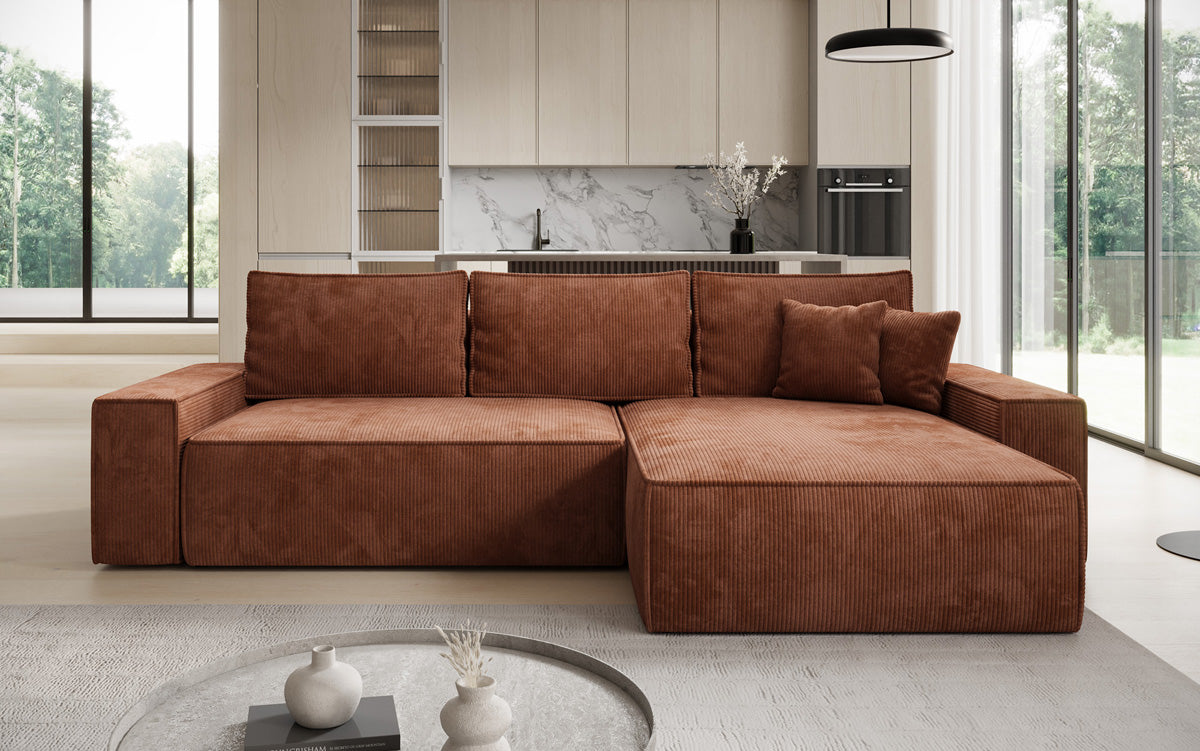 Designer Ecksofa Lunaro mit Schlaf- und Klappfunktion in Cord