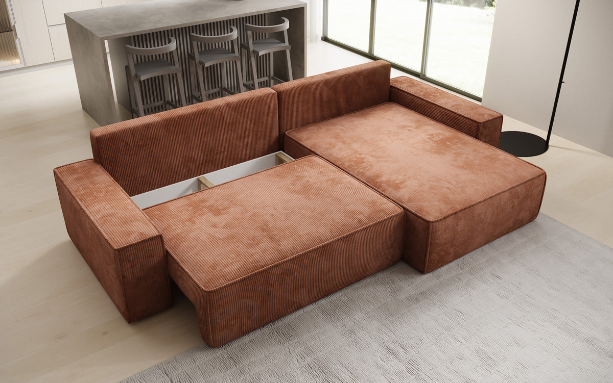 Designer Ecksofa Lunaro mit Schlaf- und Klappfunktion in Cord