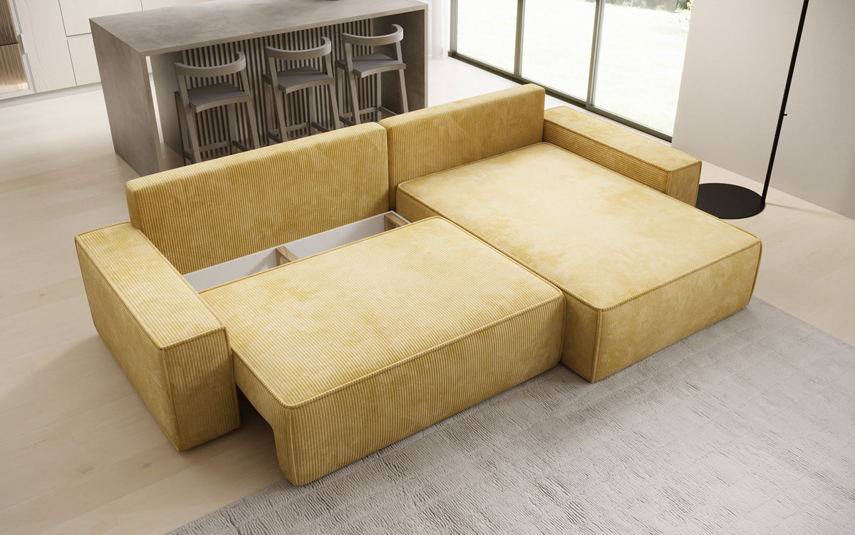 Designer Ecksofa Lunaro mit Schlaf- und Klappfunktion in Cord