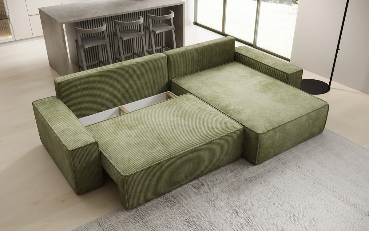 Designer Ecksofa Lunaro mit Schlaf- und Klappfunktion in Cord