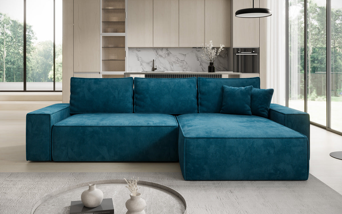 Designer Ecksofa Lunaro mit Schlaf- und Klappfunktion in Cord