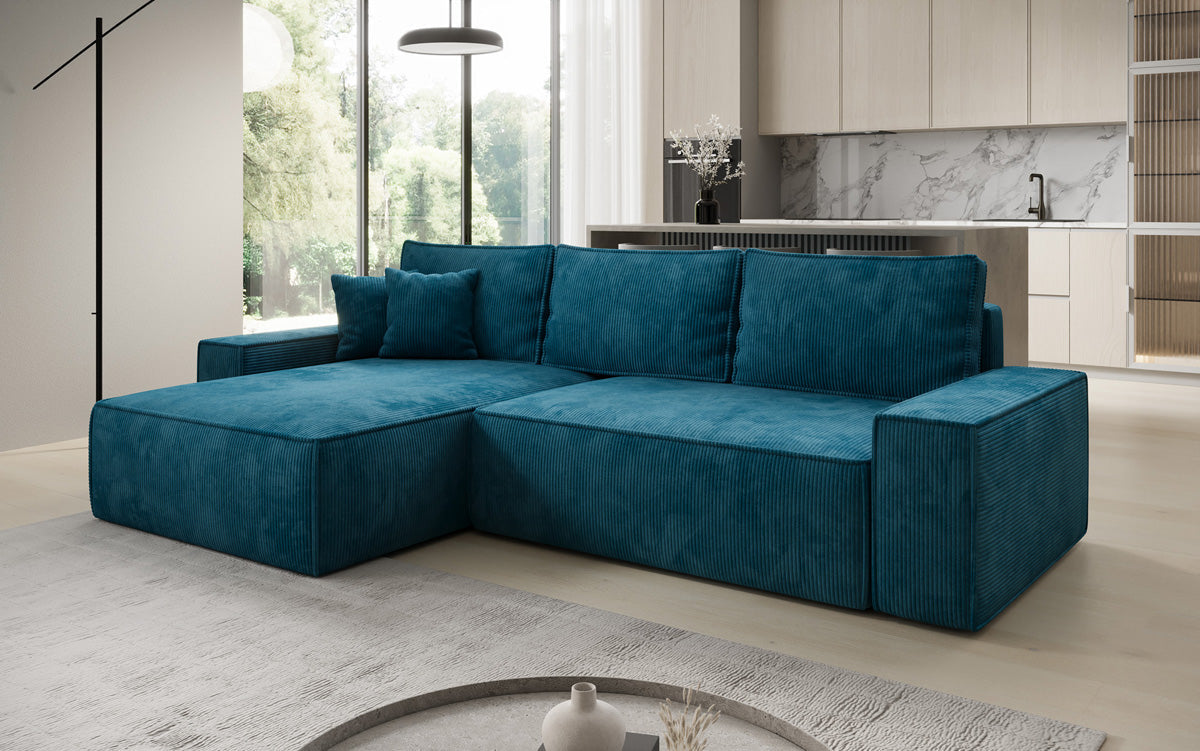 Designer Ecksofa Lunaro mit Schlaf- und Klappfunktion in Cord