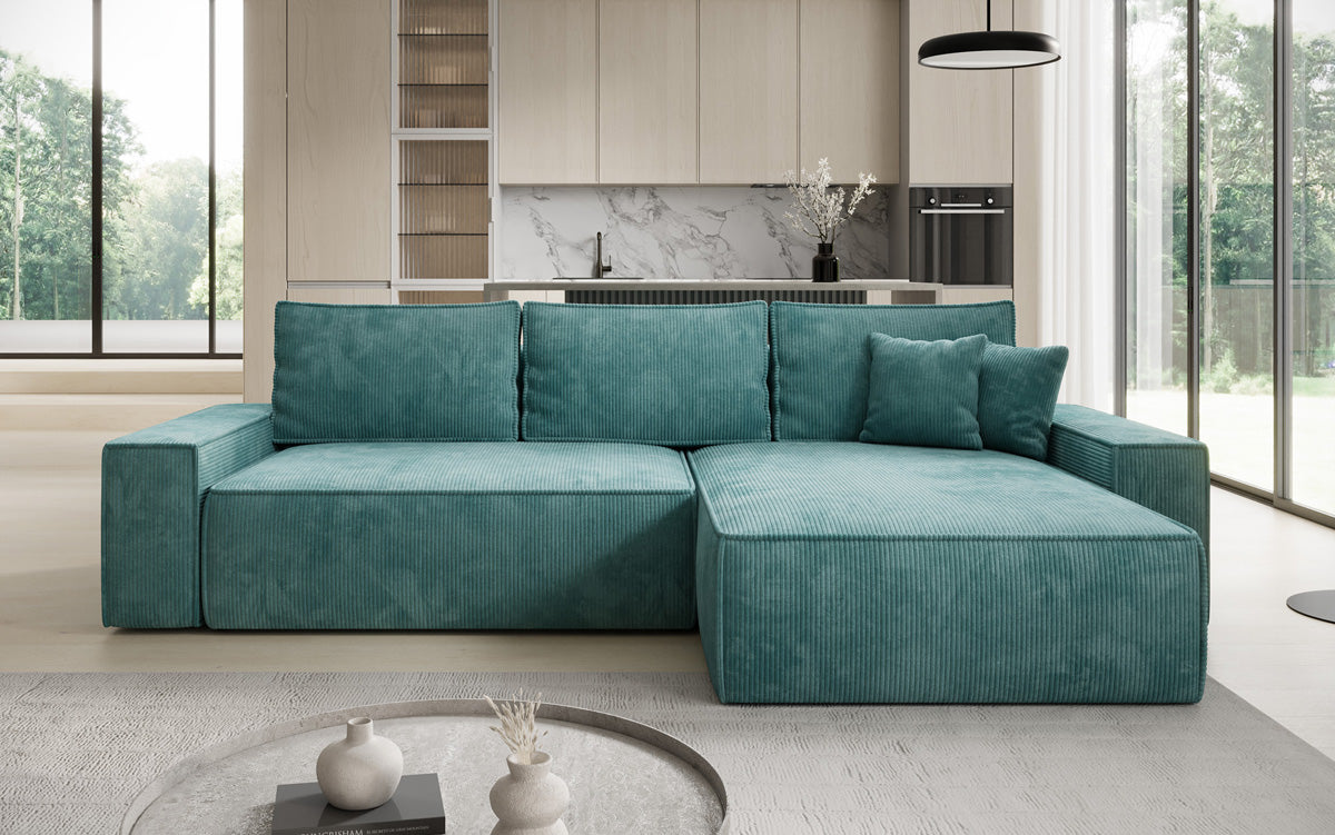 Designer Ecksofa Lunaro mit Schlaf- und Klappfunktion in Cord
