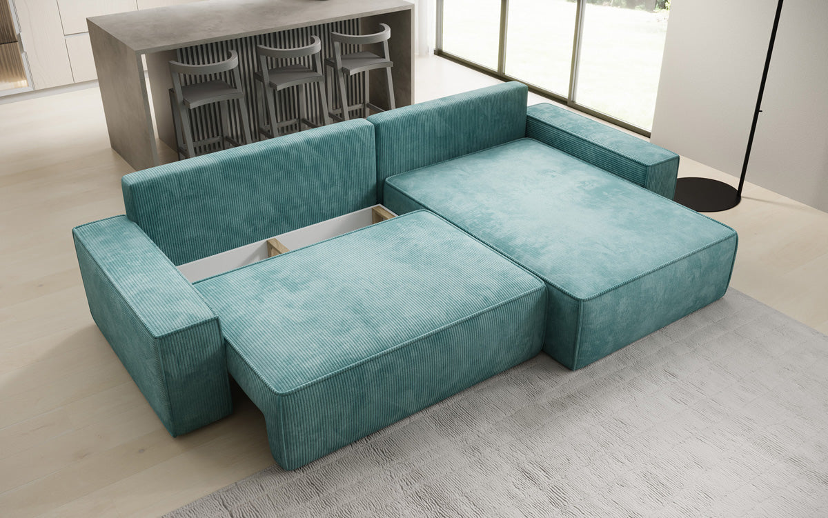 Designer Ecksofa Lunaro mit Schlaf- und Klappfunktion in Cord