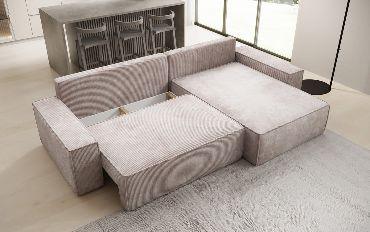 Designer Ecksofa Lunaro mit Schlaf- und Klappfunktion in Cord