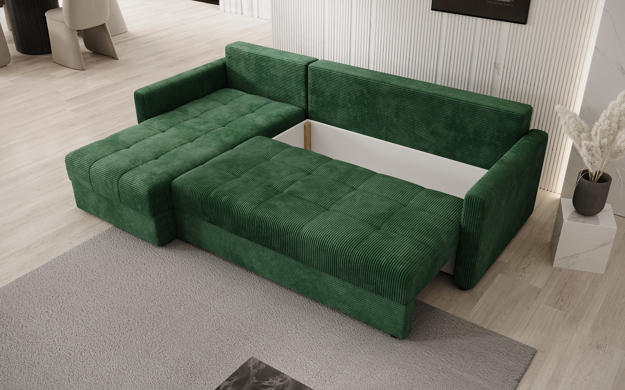 Designer Ecksofa Roma in Cord mit Schlaf- und Klappfunktion